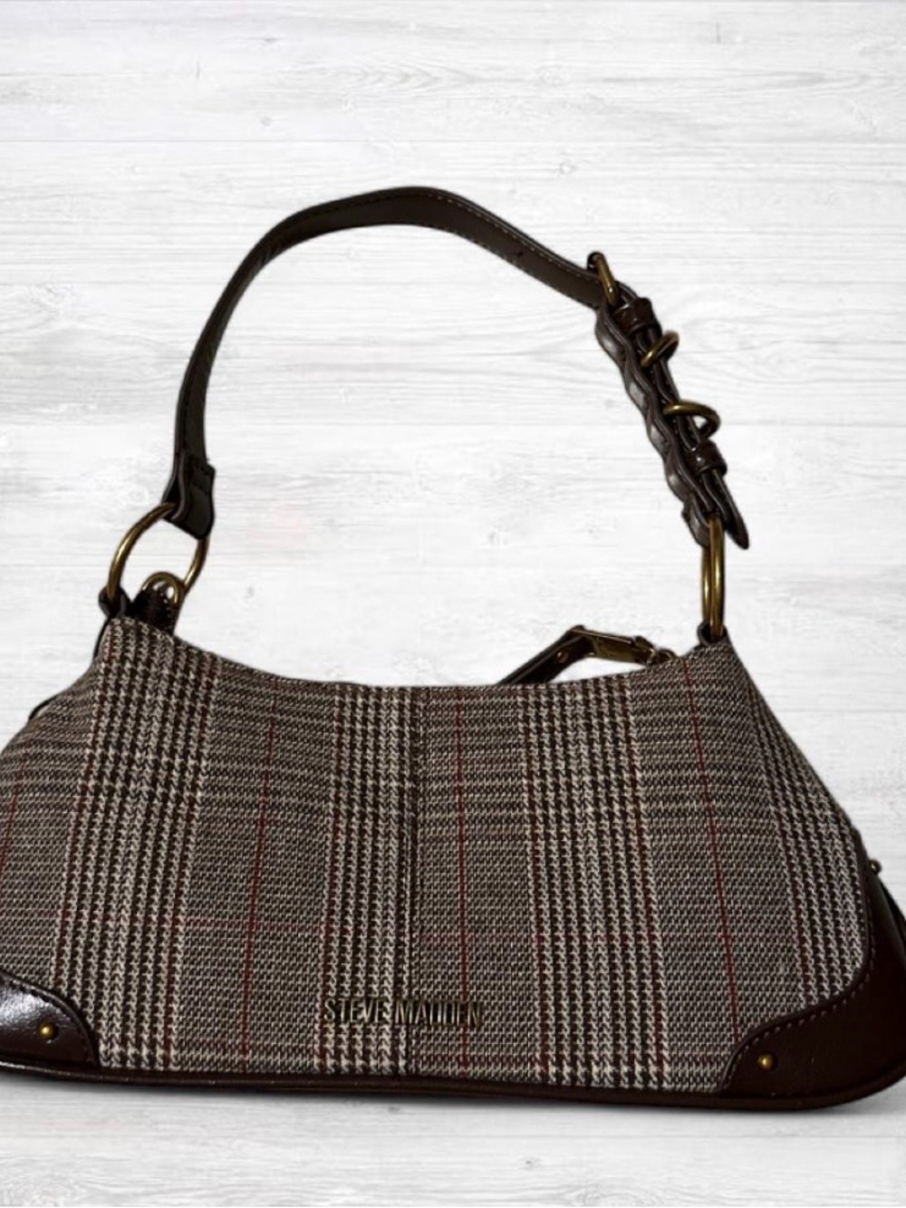 Steve Madden Brown Plaid Shoulder Bag with Red Pinstripe